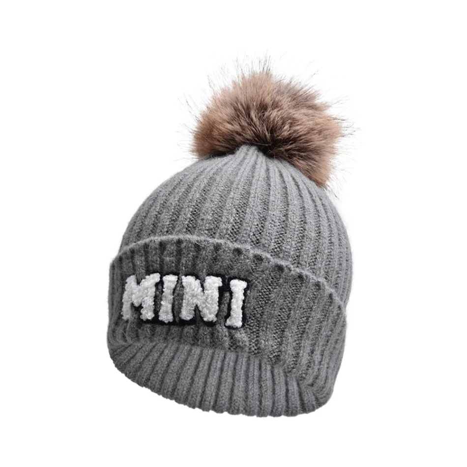 Gorro de lana con letras MAMA, gorro cálido con bola de piel para exteriores