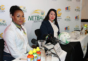 Netball SA president Cecilia Molokwane (L) with chief executive Blanche de la Guerre (R) during the Netball South Africa Bid Announcement Media Conference at Southern Sun Katherine Street Hotel in Sandton on February 13, 2019.