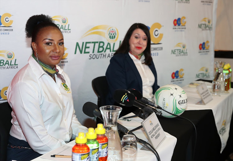 Netball SA president Cecilia Molokwane (L) with chief executive Blanche de la Guerre (R) during the Netball South Africa Bid Announcement Media Conference at Southern Sun Katherine Street Hotel in Sandton on February 13, 2019.