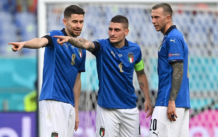 Jorginho, Marco Verratti and Federico Bernardeschi of Italy in the Uefa Euro 2020 Championship Group A match against Wales at Stadio Olimpico in Rome on June 20, 2021.