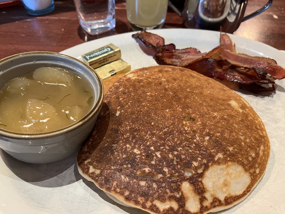 GF pancakes, apple compote, and bacon