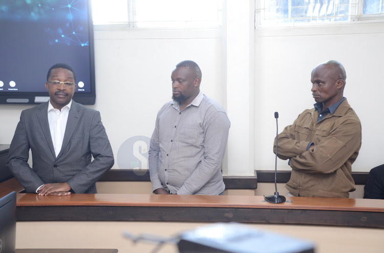 Former Murang'a Governor Mwangi aa Iria together with his co-accused David Maina Njeri and Solomon Mutura Kimani before Anti-Corruption Court magistrate Thomas Nzioka where they were charged in Sh351 million graft case on April 30, 2024.