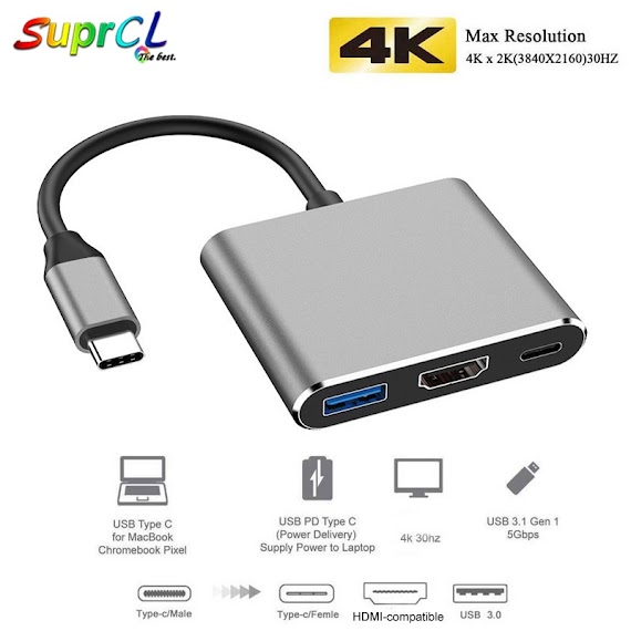 Đầu Chuyển Đổi Usb C Sang Hdmi 3 Trong 1 Độ Phân Giải 4K Hdmi & Pd Usb C Sang Hdmi Usb Hub Type C Tiện Dụng