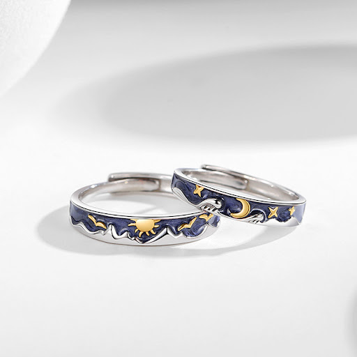 Title 4, Sun Moon Galaxy Sterling Silver 925 Couple Ring...