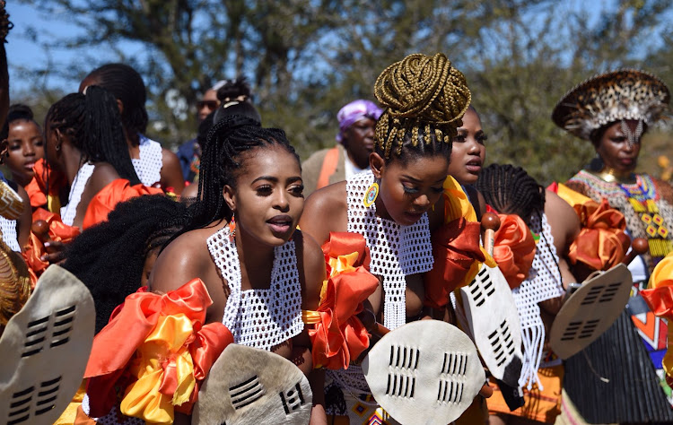 amaZulu maidens dancing and celebrating the entering of the kraal of the amaZulu king.