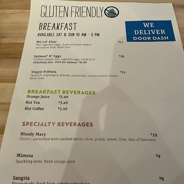 Gluten friendly breakfast menu