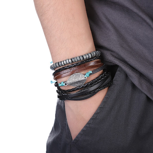 Title 15, Round Brand Leather Braided Bracelet for Men, M...
