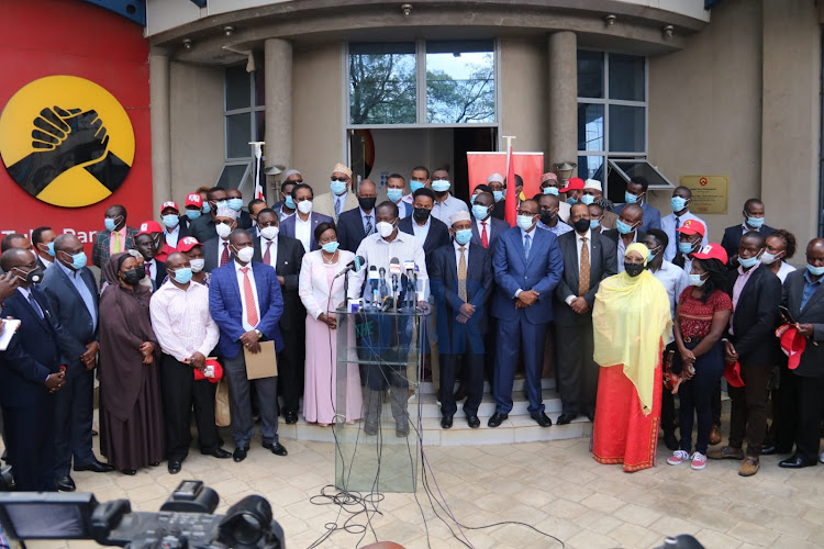 SG Raphael Tuju speaks during the presentation of nomination certificates to Jubilee candidates for the forthcoming by-elections.