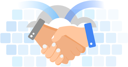  Illustration of two hands in a handshake over a keyboard.