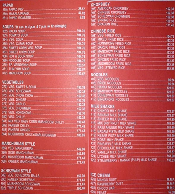 Vrindavan menu 