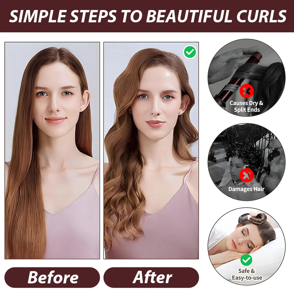 Uvijač za kosu bez toplote, veliki talasi za spavanje. Set sa svilenom maramom za savršene lokne bez oštećenja, lako se koristi.