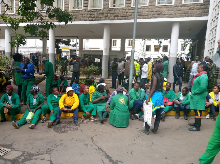 Nairobi county casual workers demonstrating outside City Hall over delayed payments on Monday, October 14.