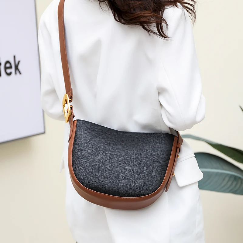 Title 10, Leather Contrast Broadband Crescent Bucket Bag,...