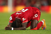 Sadio Mane of Liverpool reacts during the Premier League match against Tottenham Hotspur at Anfield in Liverpool on May 7 2022.