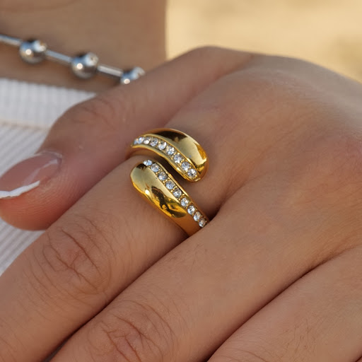 Title 4, Single Circle 18K Gold Zircon Water Drops Ring,...