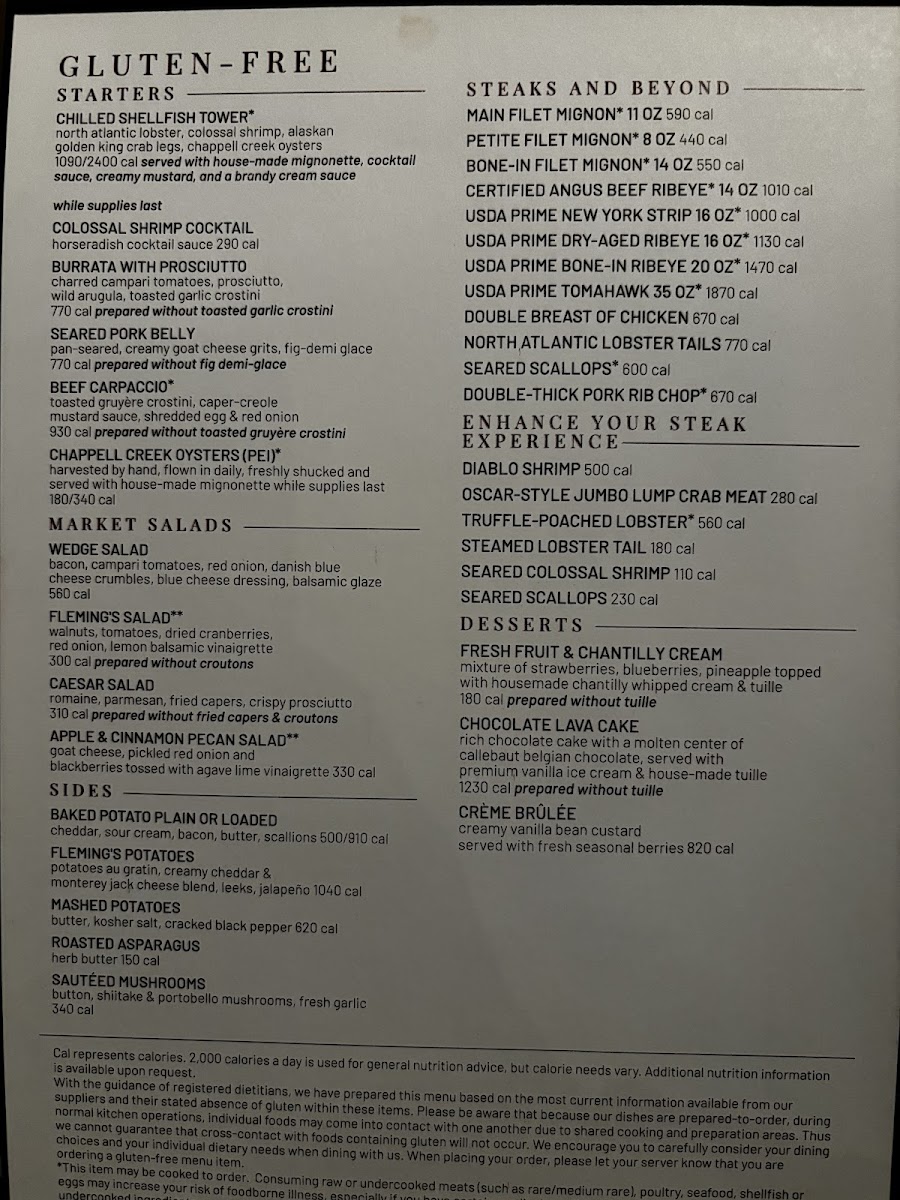 Fleming's gluten-free menu