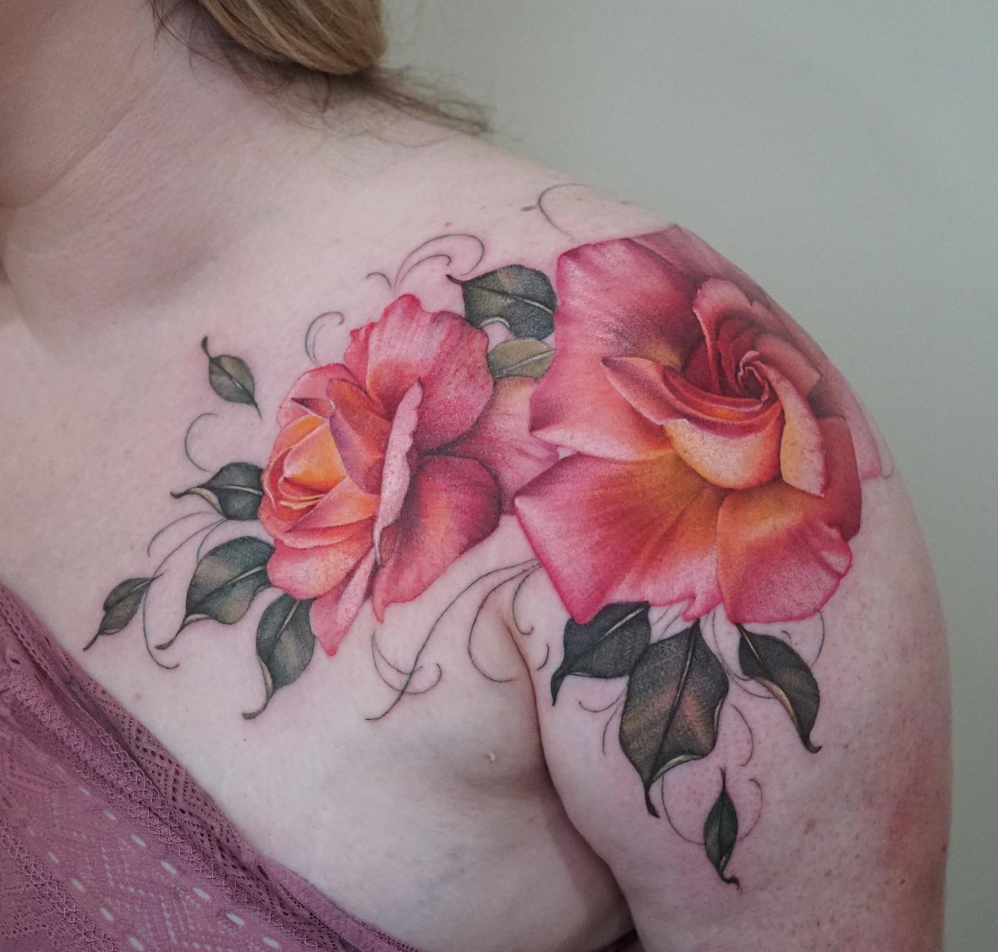 Elegant Red Flowers Classy Shoulder Tattoos Female