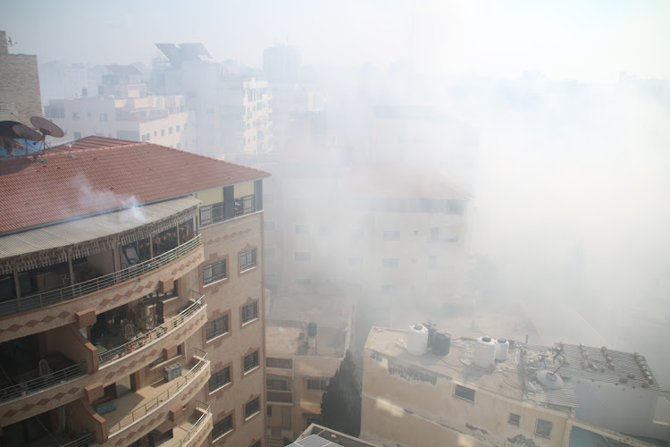 Israeli occupation aircraft launch white phosphorus bombs west of Gaza City on October 11 2023 in Gaza City, Gaza. Picture: Ahmad Hasaballah/Getty Images