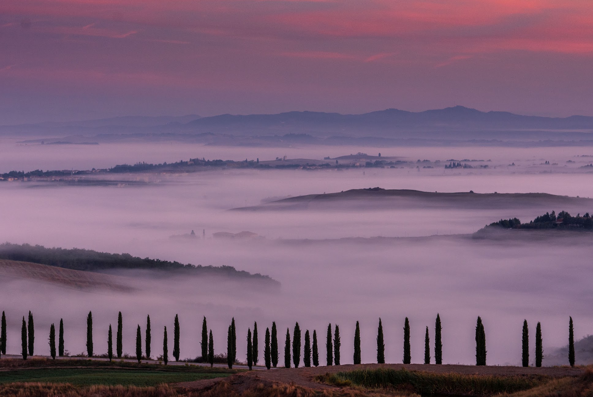 Luce del mattino e nebbia nelle Crete Senesi tra Asciano e San Giovanni d'Asso