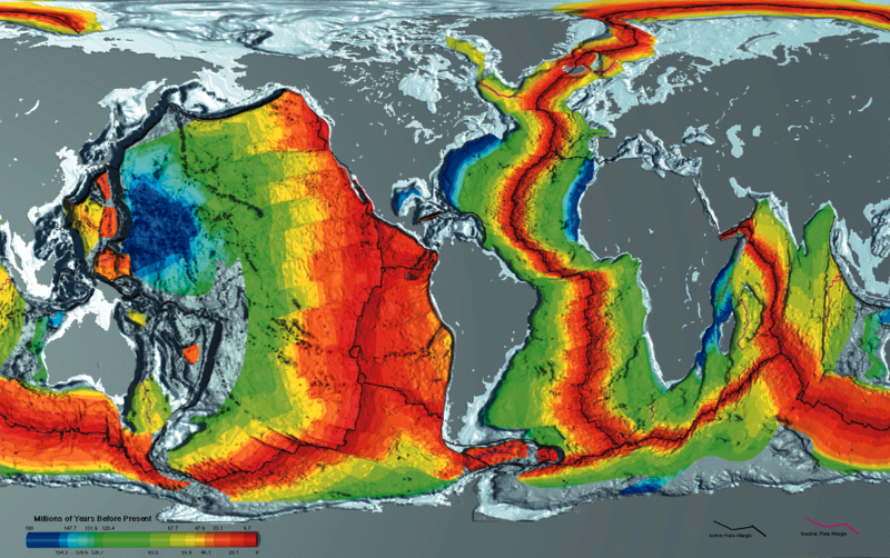 <b>Carte des âges du plancher océanique<br></b><i>Age de la croûte terrestre 1996 - 2.png par via Wikimédia Commons, Domaine public, https://commons.wikimedia.org/wiki/File:Earth_seafloor_crust_age_1996_-_2.png</i>