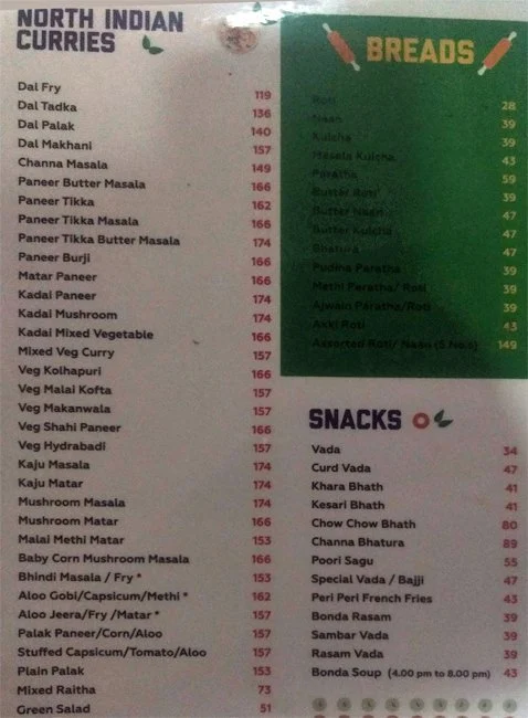 Vasudev Adiga's menu 