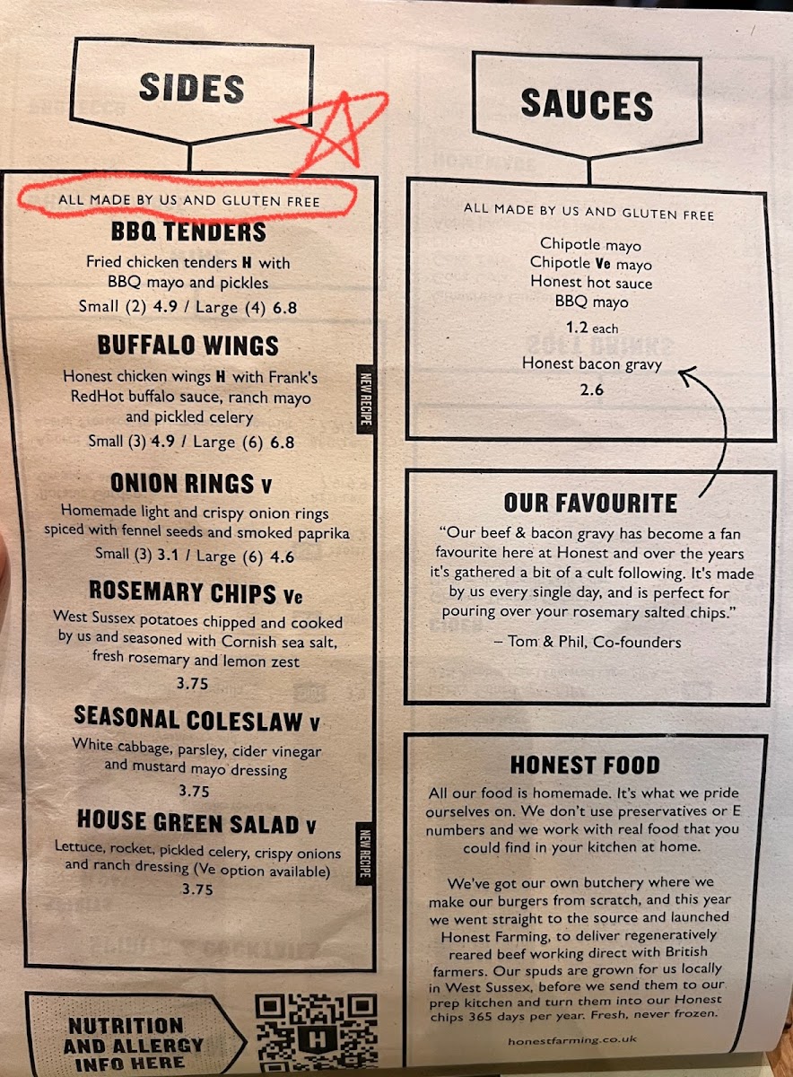 Honest Burgers gluten-free menu