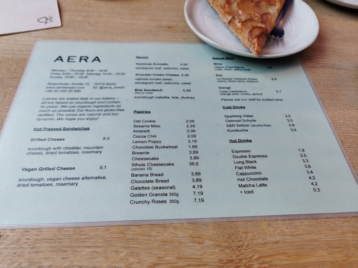 AERA gluten-free menu