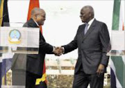 President Jacob Zuma' s first State visit in Angola. President Jacob Zuma  shake hands with the President of the Repubilck of Angola Jose Edwardo Dosantos after the press conferece.  PIC: SIMPHIWE NKWALI. 20/08/2009. © SUNDAY TIMES