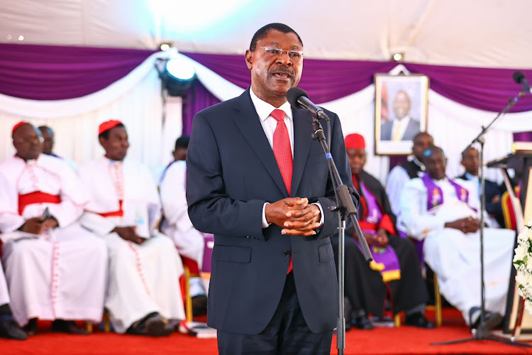 Speaker of the National Assembly Moses Wetang'ula addressing mourners at the burial of Chief of Defence Forces Francis Ogolla in Ng’iya village, Alego Usonga sub-county in Siaya County on April 21, 2024.