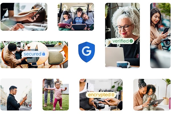 Multiple people looking at their devices with keywords like secured, verified and encrypted alongside with Safer with Google logo