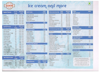 Giani's Ice Cream menu 