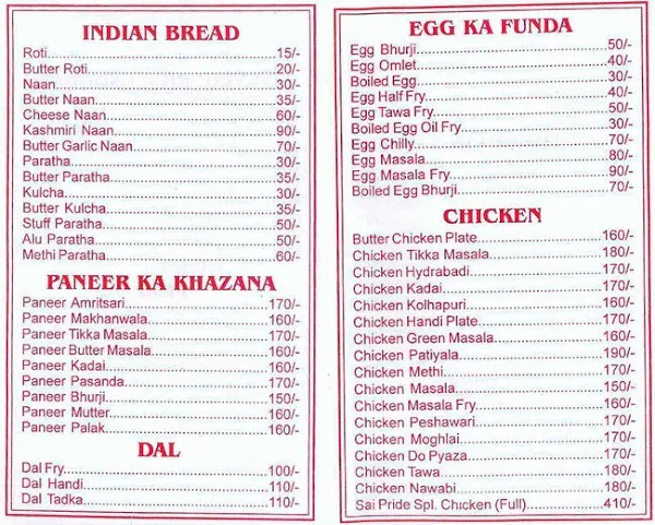 Sai Pride menu 