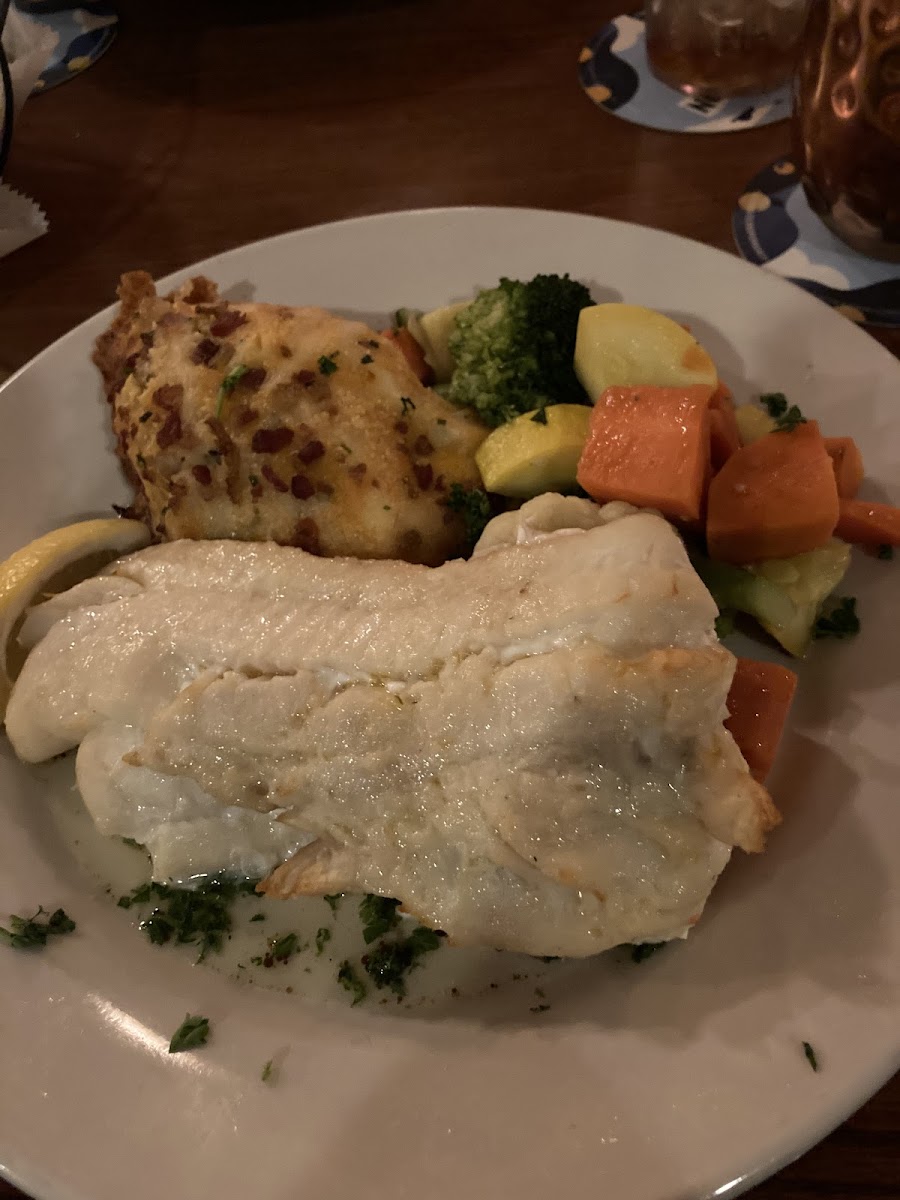 Baked scrod , loaded gratin spuds and fresh veggies