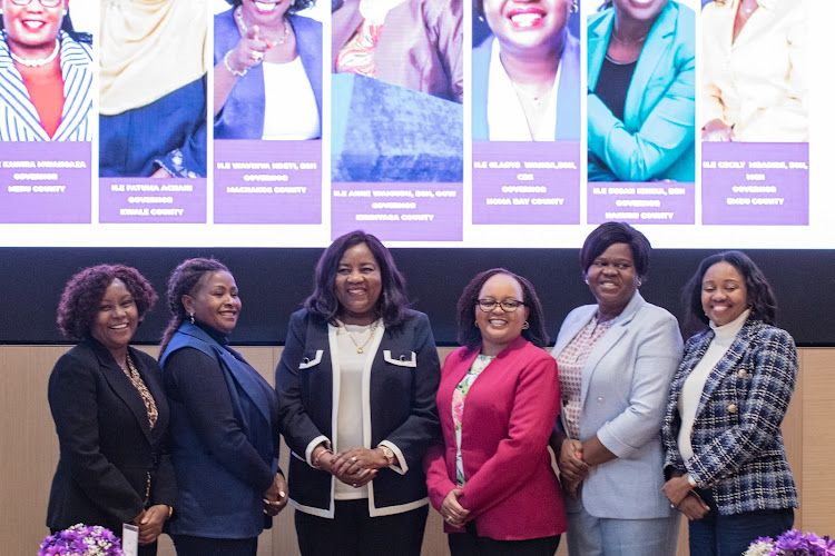 Members of CoG women caucus governors Cecily Mbarire (Embu), Wavinya Ndeti (Machakos), Idah Odinga (ODM leader Raila Odinga's wife), Anne Waiguru (Kirinyaga), Gladys Wanga (Homa Bay) and Susan Kihika (Nakuru) during the launch of the G7 Strategy in New York on March 23, 2024.