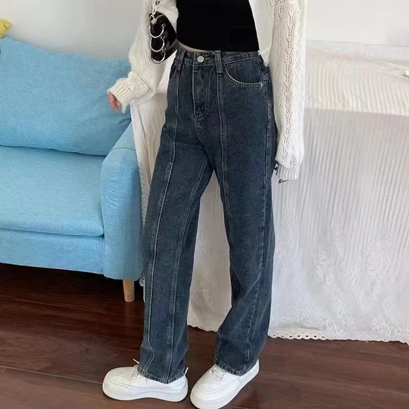 Jean Droit Américain Rétro Design Double Ligne de Pression Style High Street Taille Haute Confort et Style pour un Look Tendance