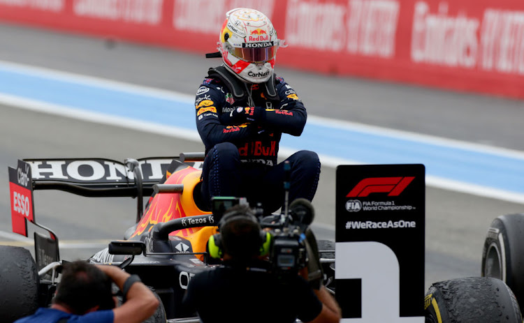 Race winner Max Verstappen celebrates in parc ferme during the F1 Grand Prix of France at Circuit Paul Ricard on June 20, 2021 in Le Castellet, France.