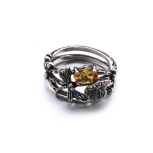 Title 12, Dragonfly Lotus Vintage Thai Silver Ring with T...