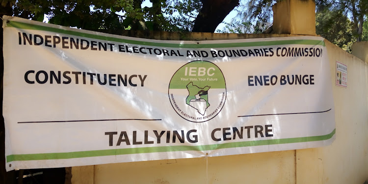 IEBC banner at Dr Babla tallying centre in Ukunda.