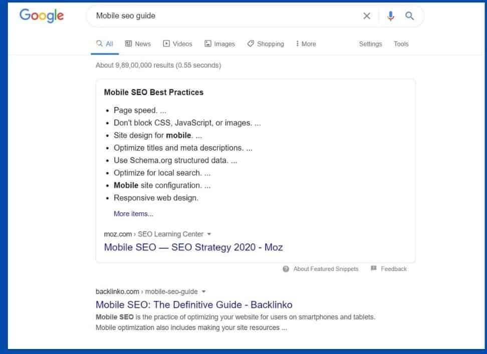 mobile seo search page screenshot - semantic seo