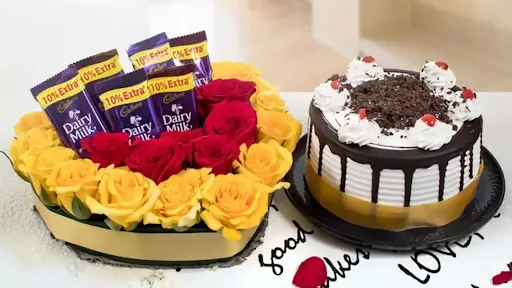 Rakhi Special Black Forest Cake Rose Dairy Milk Heart Shape