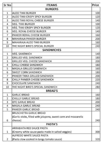 The Night Bird Cafe menu 