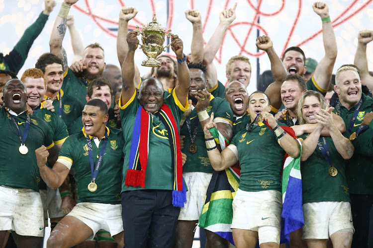 President Cyril Ramaphosa with Springbok captain Siya Kolisi and the squad after the Rugby World Cup 2023 final against New Zealand at Stade de France in Paris on October 28 2023.