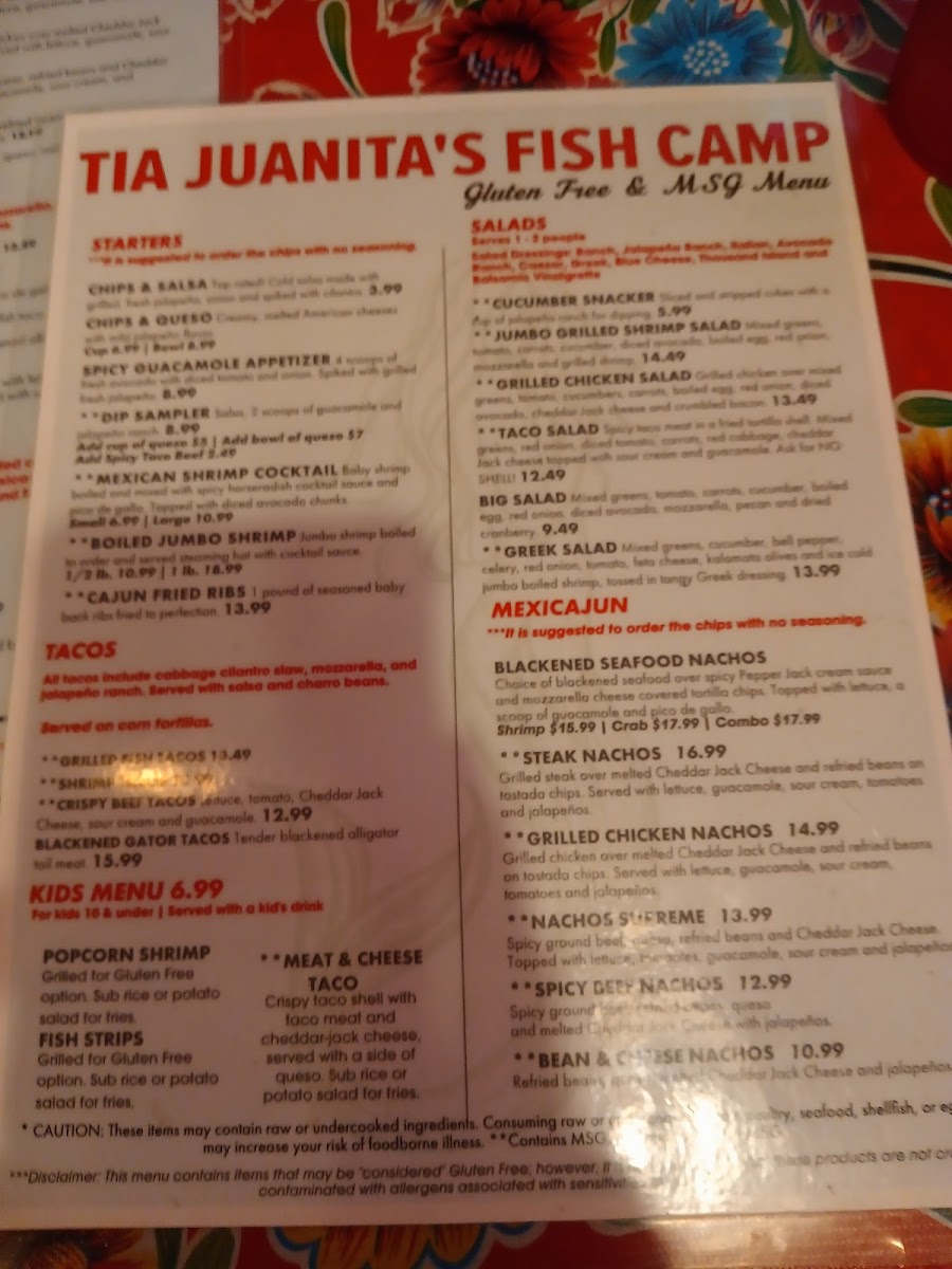 Tia Juanita's Fish Camp gluten-free menu