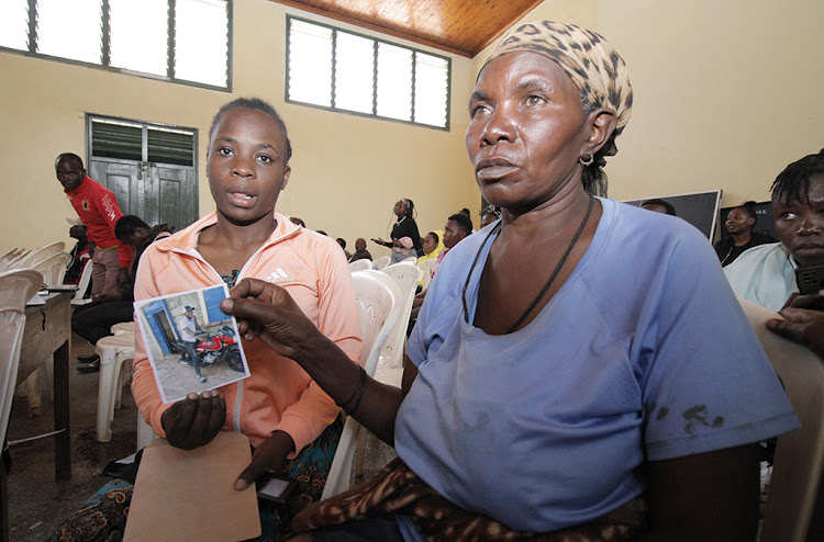 Pauline Anyango and her mother-in-law Waithera Macharia at Kayole social hall recount last moments since the disappearance of Samuel Kamau on August 30.