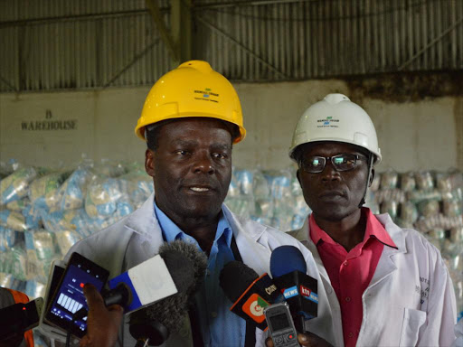 Mumias Sugar Company MD Nashon Aseka briefing the media at the company's warehouse on Friday, November 3, 2017. /BRIAN KISANJI