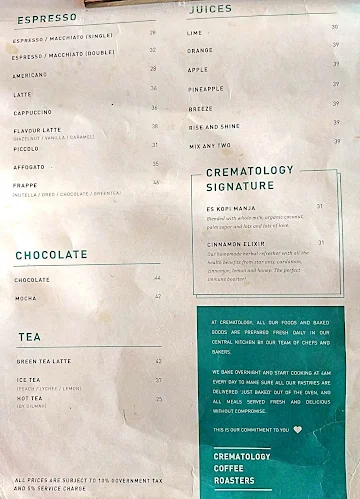 Crematology Coffee Roasters menu 