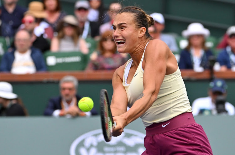 Aryna Sabalenka hits a shot at the Indian Wells Tennis Garden. Picture: JAYNE KAMIN-ONCEA/USA TODAY SPORTS