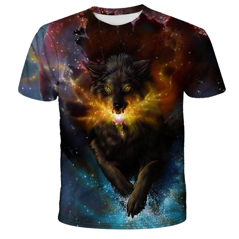 T-shirt homme à manches courtes avec motif loup étoilé en 3D. Profitez d'un design unique, d'un style moderne et d'un confort optimal.