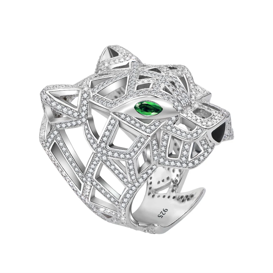 Bague tête de léopard Micro-sertie de diamants complets Argent sterling Un bijou audacieux pour femmes et hommes Élégance et luxe à votre doigt