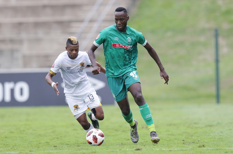 Somila Ntsundwana of Amazulu FC and Pentjie Zulu of Black Leopards during the Absa Premiership match between AmaZulu FC and Black Leopards at King Zwelithini Stadium on May 04, 2019 in Durban, South Africa.